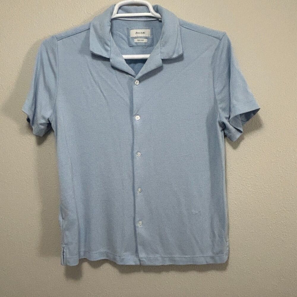 Porter & Ash Mens M Blue Button-Up Textured Knit Fabric Button Sleeve Shirt